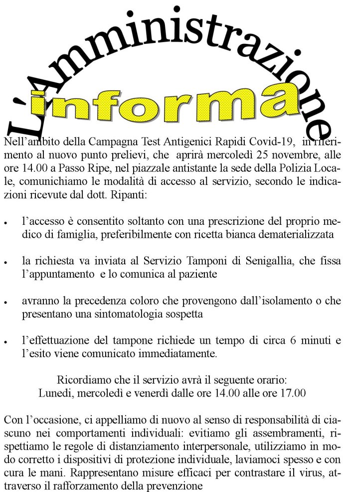23/11/2020 - CAMPAGNA DI PRELIEVI PER TEST ANTIGENICI RAPIDI COVID-19 - MODALITA' DI ACCESSO